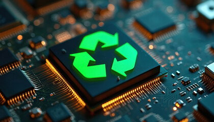 Close up photo shows an illuminated green recycle symbol on tech circuit board. Digital motherboard detail demonstrates eco friendly electronic tech. Eco friendly tech concept.
