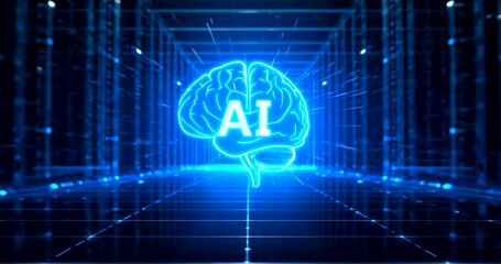 Futuristic digital brain with ai text glowing in neon blue inside a server room or data center 4k video - Powered by Adobe