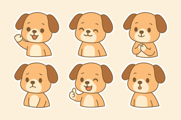 Set of Kawaii Cute Dog Stickers with Emotions - Funny Cartoon Puppy Emoticons and Avatars Vector