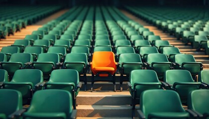 Orange chair stands alone in empty green stadium. Image represents concepts of solitude, isolation, individuality. Stadium seating offers perspective, creating contrast between one seat and many.