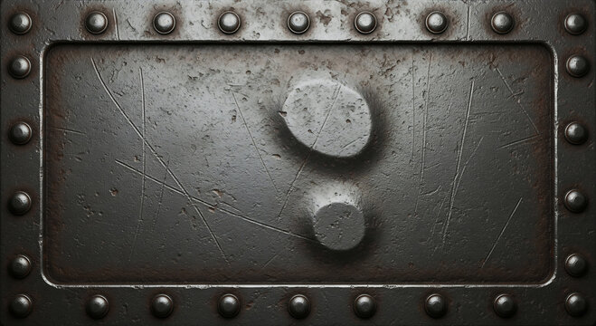 Metal plate with rivets scratched surface and raised punctuation mark resembling a semicolon