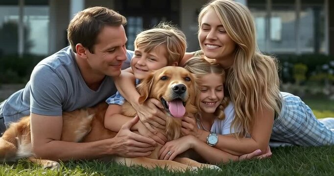 Happy family with two children and a golden retriever dog lying on the grass in front of a suburban house 4k video