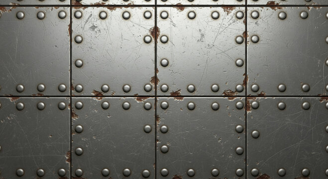 Metal plates joined by rivets textured with scratches and rust create a grid pattern