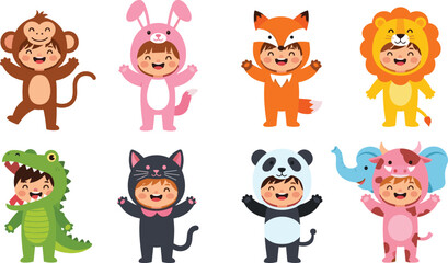 Children in animal costumes smiling and posing, playful character outfits, kids party theme, animal roleplay, cartoon-style illustration, joyful expression