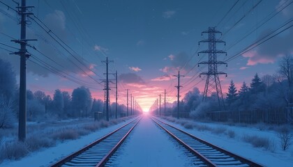 Fototapeta premium Snowy railway tracks stretch towards pink sunset sky with power lines. Rural winter landscape with trees, twilight mood, cold atmosphere, peaceful journey feeling.