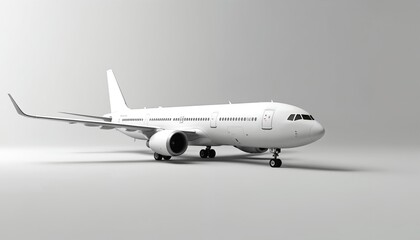 Obraz premium White passenger aircraft rests on light grey background. Modern airliner presents sleek design, clean lines. Image travel innovation, global connectivity, perfect for business tourism visuals.