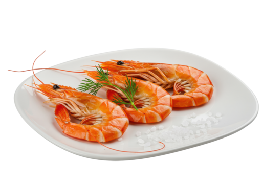 Three perfectly cooked, plump, orange-pink prawns, garnished with dill and sea salt on a minimalist white ceramic plate, high-key studio lighting, hyper-detailed, pristine culinary perfection