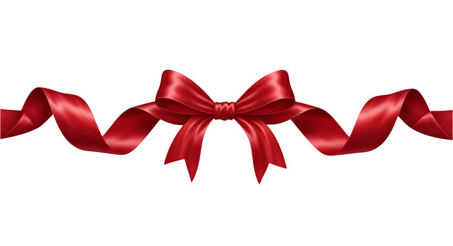 An elegant shiny red satin gift bow with a long flowing ribbon for celebration and decoration