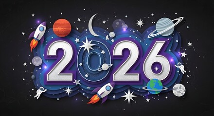 2026 New Year Space Adventure with Planets, Rockets, and Astronauts in Paper Cut Style