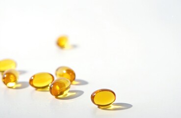 Some omega 3 gel capsules sit on white. Golden fish oil supplement pills shine in light. Food supplements concept for health life. Vitamins help to support immunity and stay healthy.
