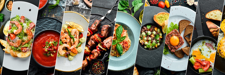 Collage food in plates: salads, soups and main dishes. European cuisine.