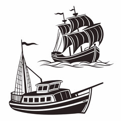 Two different boats, a fishing boat and a sailing ship