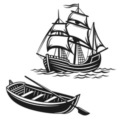 Two different boats, a rowboat and a sailing ship