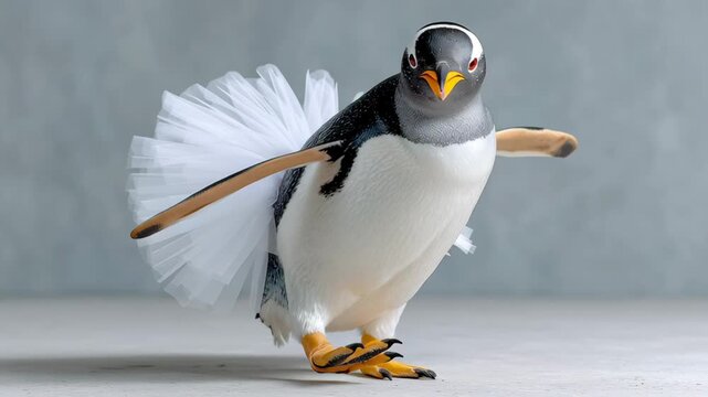Playful penguin in a white tutu gracefully moves across a textured surface, showcasing a charming dance sequence, with a smooth camera pan capturing the delightful motion and character