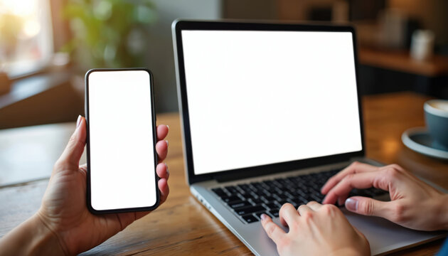 Hands using laptop and smartphone on wooden table near coffee cup. Person types on keyboard and holds phone, works in cafe or home office, digital connection, modern tech use.
