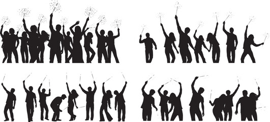 Silhouette group of people celebrating with sparklers in festive poses showing joy, unity, and excitement. Concept of celebration, friendship, and new year happiness.
