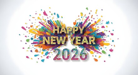 Vibrant Happy New Year 2026 Greeting Card with Colorful Abstract Confetti Burst