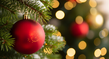 A festive red bauble hangs on a snowy pine branch amidst soft bokeh lights, radiating holiday cheer.