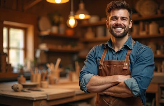 Man artisan smiles with arms crossed in workshop. He wears denim shirt and leather apron. Shelves with pottery tools behind him. Cozy atmosphere, warm light.