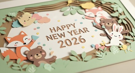Whimsical Happy New Year 2026 Greeting Card with Layered Paper Cut Woodland Animals and Pastel Confetti