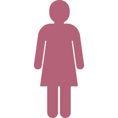 Simple flat design icon of a female figure in a mauve color standing against a transparent background representing womanhood and gender identity in a minimalist graphic style