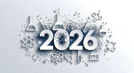 Year 2026 Science and Technology Concept in Layered Paper Cut Style with Abstract Chemical Elements