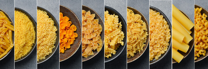Photo collage. Assortment of raw pasta and macaroni products. Dry pasta in plates. Food market background.