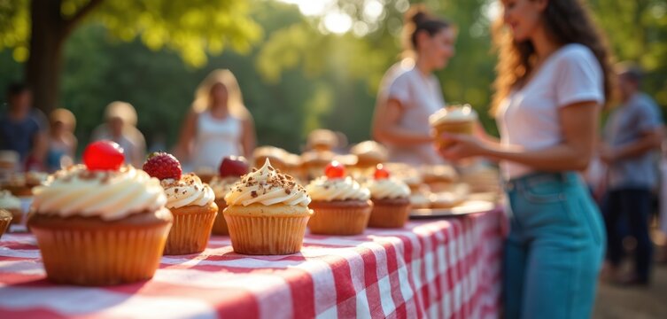 Outdoor bake sale offers cupcakes muffins and pastries on checkered table. People gather buy sweet treats on sunny day. Community event shares delicious baked goods amongst friends.