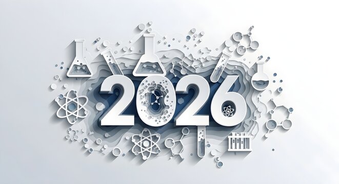 Year 2026 Science and Technology Concept in Layered Paper Cut Style with Abstract Chemical Elements