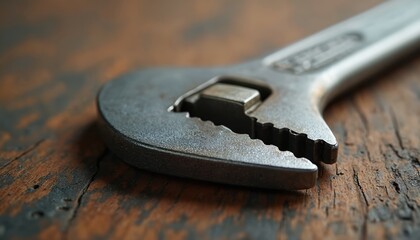 Close-up photo of an adjustable wrench on a wooden surface. The tool is metal with visible wear and tear. Texture and details present tool concept.
