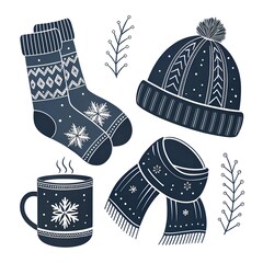 Cozy Winter Elements | Socks, Coffee Mug, Hat & Scarf Illustration Set