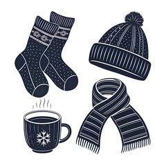 Cozy Winter Elements | Socks, Coffee Mug, Hat & Scarf Illustration Set