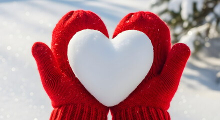 Fototapeta premium A snow heart is gently held in vibrant red mittens, creating a warm and loving winter image.