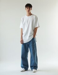 Fototapeta premium Handsome young male model poses in studio wearing casual outfit. Man is in white t shirt oversized jeans. Stylish guy stands against white background.