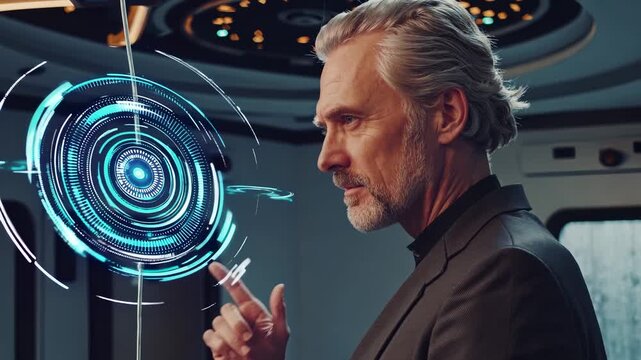 man in suit with beard interacts with hologram interface. technology display projects circular data. touch gesture engages control element. futuristic system responds to input. system reacts to input.