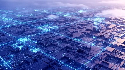 Aerial view of a futuristic cityscape with glowing grid lines and fog - Powered by Adobe