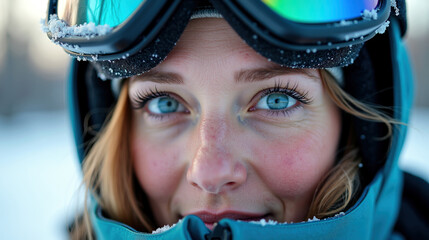 Summit climbing portrait - woman with blue eyes in ski goggles and winter gear