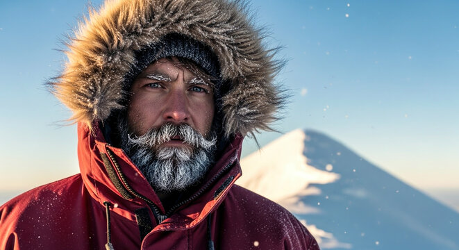 Summit climbing portrait of bearded explorer in extreme cold weather gear