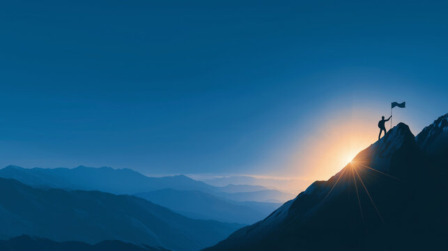 Reaching New Heights: An individual fearlessly conquers a majestic peak, triumphantly planting a flag under a sky ablaze with the rising sun. A vivid illustration of determination.