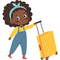 Young African American girl with curly hair wearing blue overalls and yellow shirt pulling a bright yellow suitcase ready for a trip on a transparent background