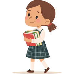 Young School Girl With Brown Hair And Ponytail Wearing A White Shirt Green Plaid Dress And Brown Shoes Holding A Stack Of Red Books And Walking Forward