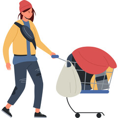 Young Woman Wearing Yellow Jacket and Pink Beanie Pushing Shopping Cart Filled with Items Outdoor Casual Style Illustration