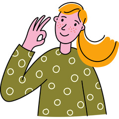 Young woman with orange hair and freckles giving an okay gesture in a green dotted shirt, simple doodle illustration with clean lines and a transparent background