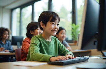 Happy asian boy learns to code on computer in classroom. Diverse students study together during modern tech lesson. Kids use PCs for digital education, online programming, enjoying e-learning at