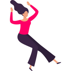 Young Woman With Wavy Dark Hair Wearing a Pink Long Sleeved Shirt and Dark Pants Enjoying a Playful Pose Against a White Background