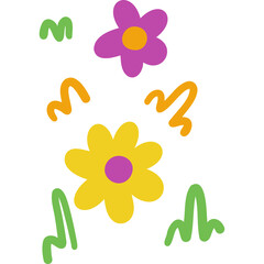 Whimsical yellow and purple flowers with green grass elements on a transparent background