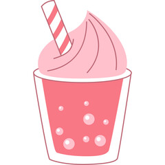 Whimsical Pink Dessert Drink with Striped Straw and Bubbles in a Clear Glass on Transparent Background