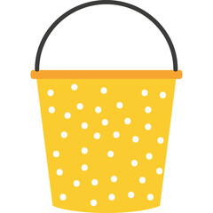 Yellow Bucket With White Dots And Orange Rim Handle On White Background