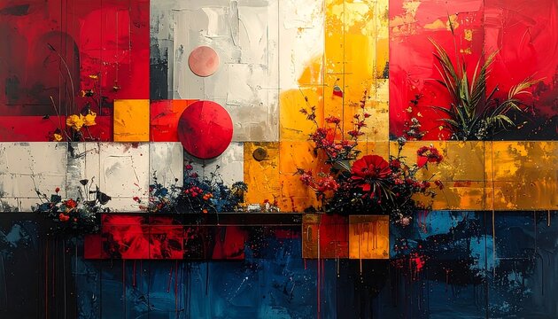 A vibrant abstract artwork featuring bold blocks of color, painted floral accents, and geometric shapes