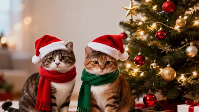 A cheerful holiday wallpaper featuring adorable cats wearing Santa hats and cozy scarves beside a decorated Christmas tree, creating a festive and heartwarming scene